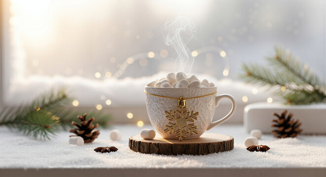 Hot cocoa in white cup with marshmallows on wooden slice in winter  