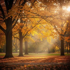 Fototapeta premium Golden Autumn Sunlight Filtering Through Forest Trees with Fallen