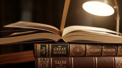 An open book atop a stack of leather-bound volumes, lit by a warm lamp - Powered by Adobe