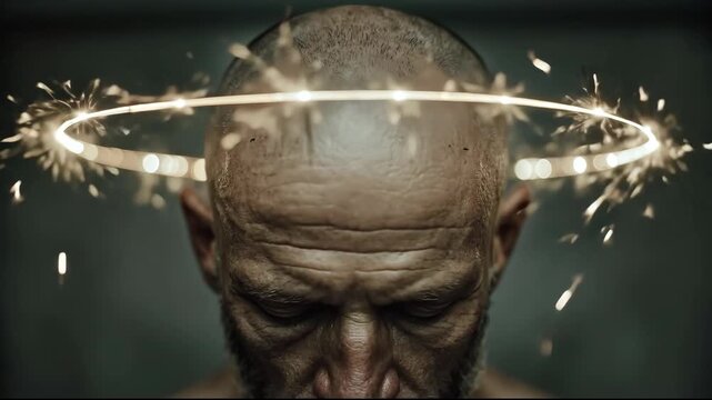 Conceptual Portrait of a Mature Man with a Glowing Halo of Sparks.