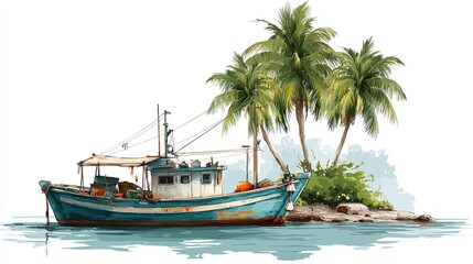 Obraz premium A colorful fishing boat anchored near a tropical island with lush palm trees, evoking a serene coastal vibe.
