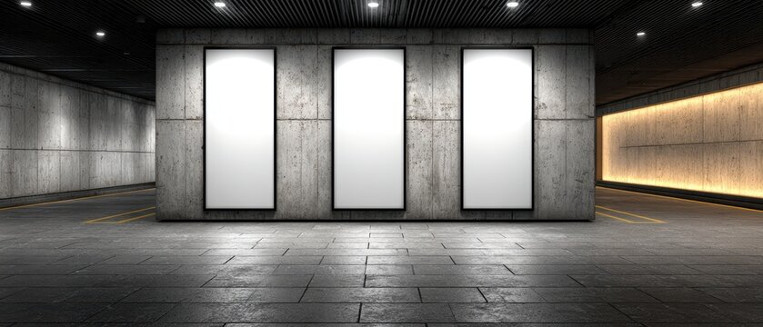 Modern minimalist urban architecture with concrete walls and illuminated signage in a sleek underground parking garage setting