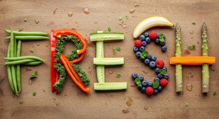 Word FRESH spelled with colorful fruits and vegetables on wet wooden board. Creative food art for healthy eating concepts, nutrition blogs, vegan diets, and wellness promotions.