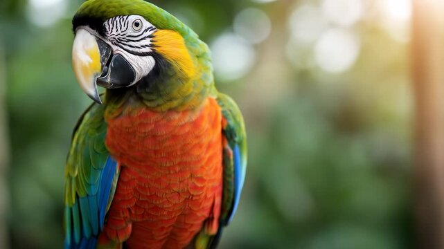 A colorful parrot with closed eyes is on a perch, displaying a vibrant array of plumage