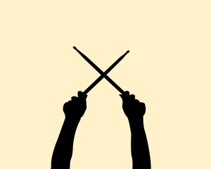 Silhouette of two hand holding two drumstick design concept. Icon of crossing sticks of wood. Vector illustration.