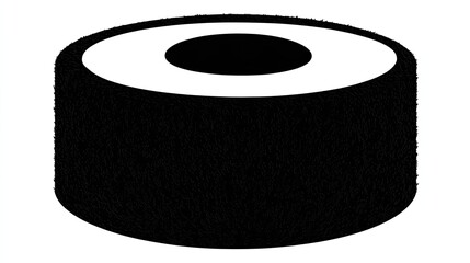 Black sushi roll with white rice and black center against white background.