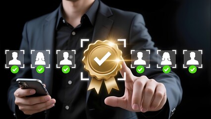 A businessman in a suit touches a glowing virtual interface, selecting a golden certification seal with a checkmark. The interface also displays a row of verified user profile icons.