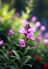 Upward Shot of Blooming Purple Flowers with Dark Green Leaves