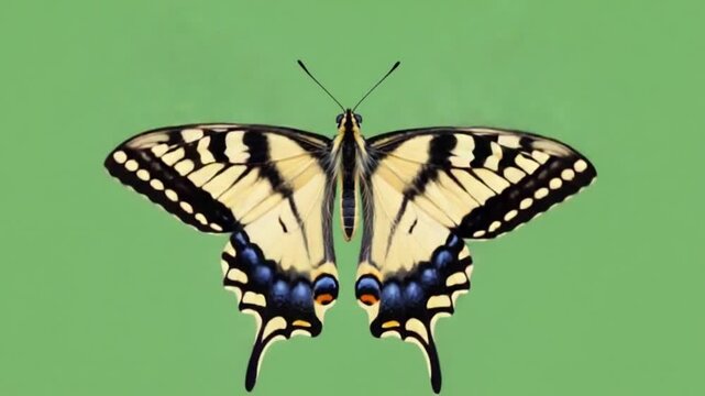 Close up of a yellow and black butterfly with its wings spread against a green background butterfly green screen video