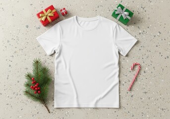 Blank white t-shirt mockup for Christmas holiday season. Festive flat lay with gift boxes, candy cane, and pine branch on concrete background. Perfect for apparel designs.