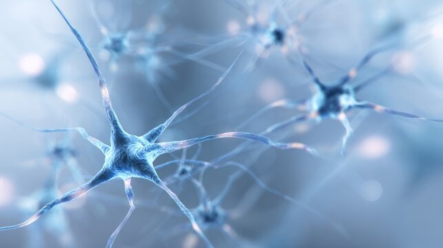 Bright blue neuron network with glowing synapse connections in light background, scientific medical illustration