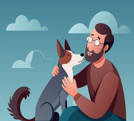 Man Tenderly Hugging Beloved Dog Under Pastel Summer Sky