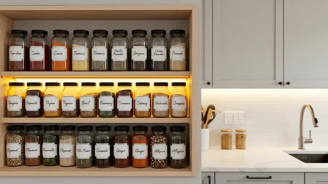 A wooden spice rack filled with labeled jars, lit from above, in a kitchen setting