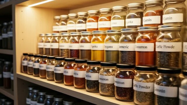 A close-up view of glass jars containing various spices arranged on wooden shelves