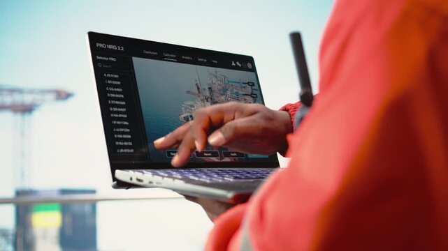 Close up of laptop used by drilling rig worker to monitor infrastructure systems. Offshore installation manager calibrating equipment with notebook device software, camera A