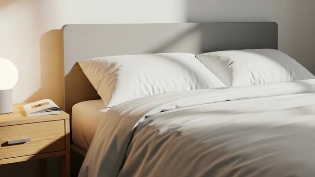 A serene bedroom scene features a bed with crisp linens, a bedside table, and a glowing lamp
