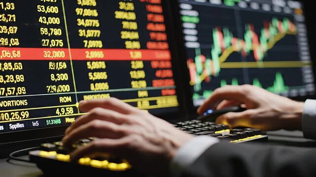 Professional trader uses keyboard and mouse analyzing dynamic stock market data and financial charts on multiple computer screens for strategic investment decis