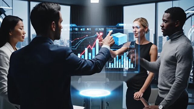 Diverse Business Team Analyzes Futuristic Holographic Data Display in Modern Office Meeting Professionals Review Financial Graphs Charts and Analytics for Strat