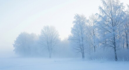 Obraz premium Frosted Trees Silhouetted in a Snowy Landscape on Foggy Morning
