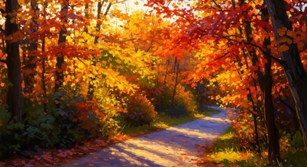Fototapeta premium Sunlit Autumn Forest Path with Red Orange and Yellow Leaves