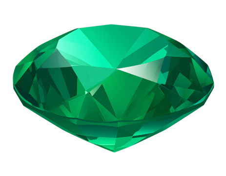 Faceted, emerald-colored gemstone isolated on a black backdrop with internal light and shadow highlighting the cut facets