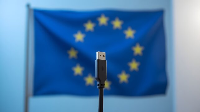 European Union technology concept featuring USB connector with EU flag, representing digital connectivity and modern innovation, global partnerships and trade - Powered by Adobe