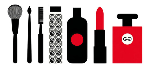 Stylish Makeup Tools and Products on Transparent Background for Fashion and Beauty