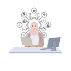 Professional Muslim Woman Analyzing Business Growth. Vector flat person illustration. Business Concept illustrations.
