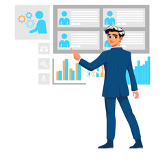 Professional Man Analyzing Online Business Report. Vector flat person illustration. Business Concept illustrations