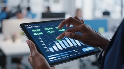 African American business person analyzing financial data market trends and risk assessments on a digital tablet in a modern office planning for strategic growt - Powered by Adobe