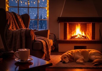 Warm, inviting winter scene with golden retriever sleeping by crackling fireplace. Armchair with cozy blanket, hot drink, and snowy window with fairy lights complete idyllic and serene atmosphere