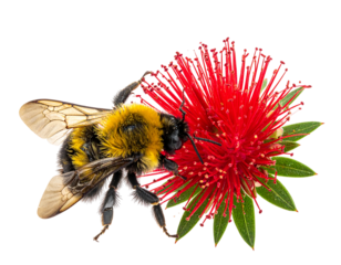 Fuzzy bumblebee rests on a vibrant red, spiky flower against a dark background