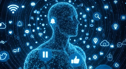 Human silhouette surrounded by floating icons of technology, social media, and communication, glowing blue tones, representing global digital connection.