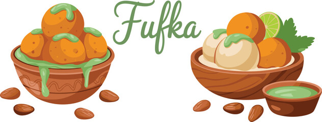 Wooden bowls of colorful dessert balls with green sauce, lime slices, mint garnish, coffee beans, traditional sweet food, exotic cuisine, refreshing presentation, Fufka branding