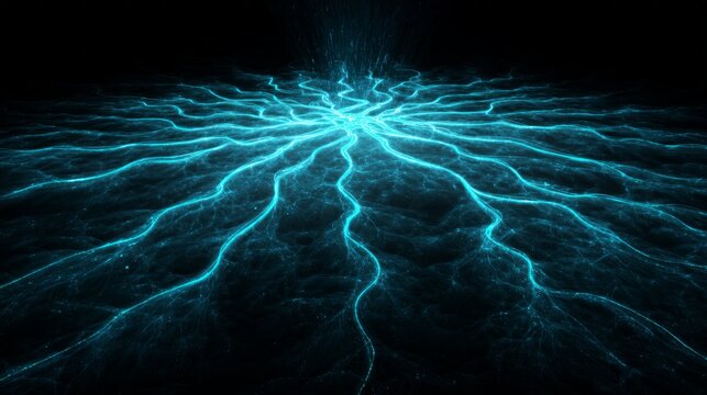 Abstract glowing root-like network with branching blue energy lines on dark background