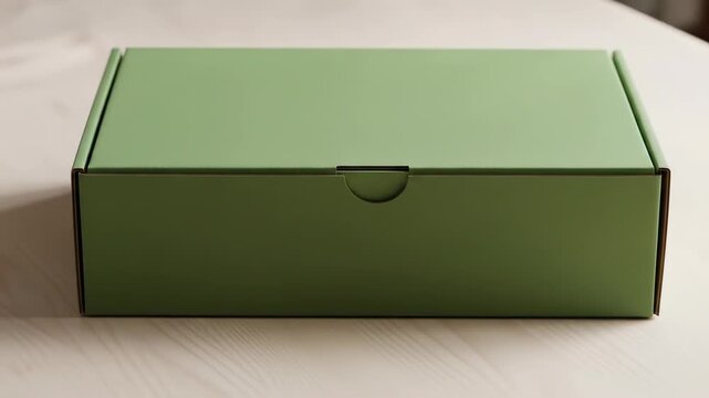 A closed, light-green rectangular box with rounded tab opening, sitting on a light-colored surface
