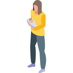 Woman Holding Baby On Transparent Background Person Carrying Newborn In Yellow Shirt And Blue Pants Full Body Isometric View