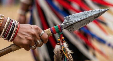 Close-up of a hand adorned with traditional bracelets and rings, firmly gripping a decorative tribal spear with an engraved metal blade and colorful feathered handle