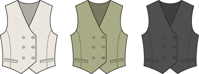 Men’s waistcoat fashion illustration, formal vest design template, double breasted tailoring sketch, vector clothing pattern, stylish apparel drawing, garment technical flat, classic suit accessory