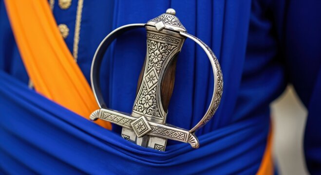 Close-up of an ornate silver hilted Kirpan, a ceremonial Sikh sword, tucked into a vibrant blue traditional garment with an orange sash.