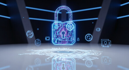 Secure digital padlock with glowing circuitry and surrounding abstract data streams on a reflective surface