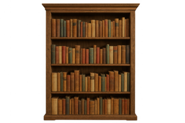 Vintage wooden bookcase with old leather-bound books, symbolizing knowledge, education, and history with transparent background
