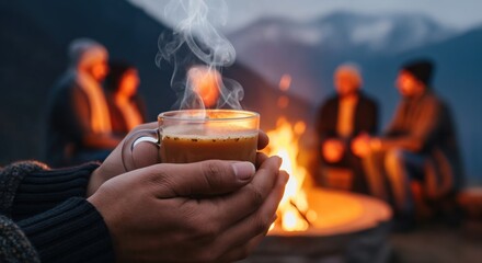 Close-up of hands holding a steaming hot cup of tea or coffee, warming up by a crackling campfire with friends gathered in a cozy outdoor evening setting.