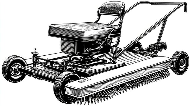Riding mower with a large brush attachment for lawn care.