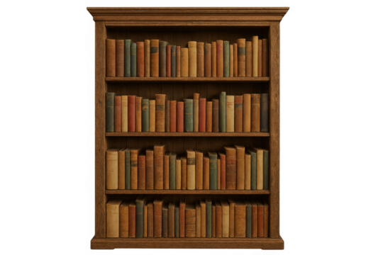 Vintage wooden bookcase with old leather-bound books, symbolizing knowledge, education, and history with transparent background