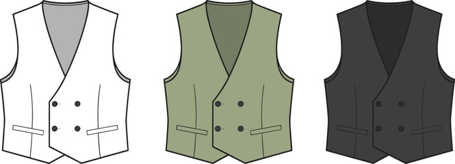 Men’s vest fashion illustration, double breasted waistcoat design, formal clothing vector, garment sketch template, stylish apparel drawing, black olive white color variations, digital fashion art