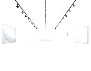 Gallery exhibition space with white frames and track lighting, a blank canvas for imagination