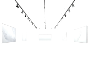 Gallery exhibition space with white frames and track lighting, a blank canvas for imagination
