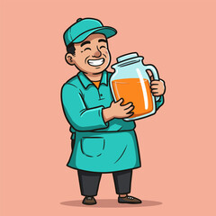 Cartoon illustration vector of a funny young businessman with a beer in his hand and a big smile