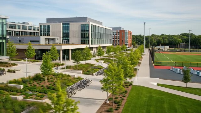Modern architectural complex featuring a baseball field and landscaped outdoor areas with bikes